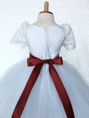 Lace Sleeve White 4 Layer Tulle Princess Dress Burgundy Satin Ribbon