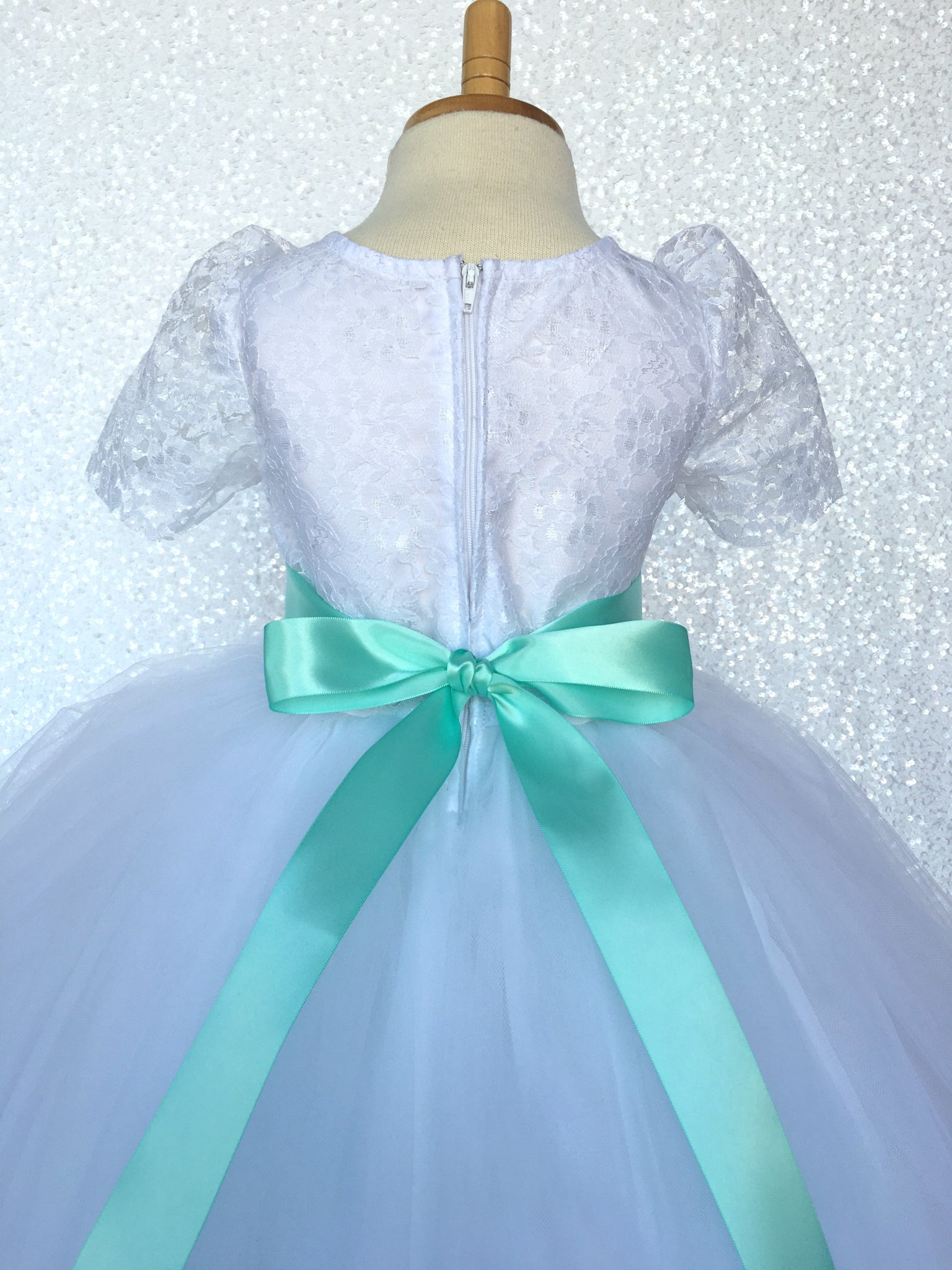 Lace Sleeve White 4 Layer Tulle Princess Dress Burgundy Satin Ribbon