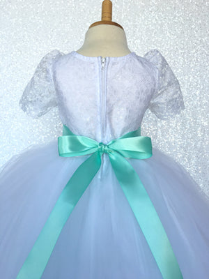 Lace Sleeve White 4 Layer Tulle Princess Dress Burgundy Satin Ribbon