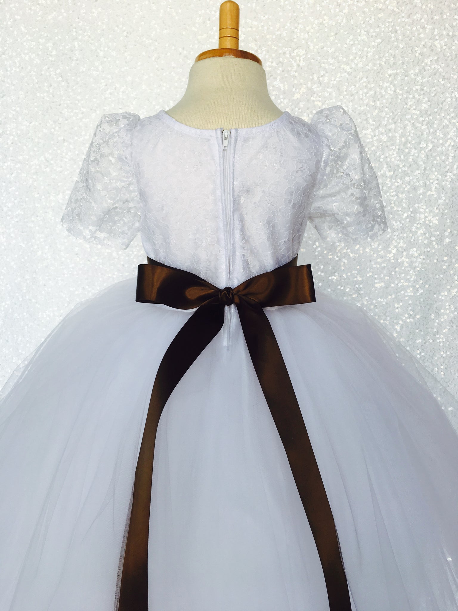 Lace Sleeve White 4 Layer Tulle Princess Dress Burgundy Satin Ribbon