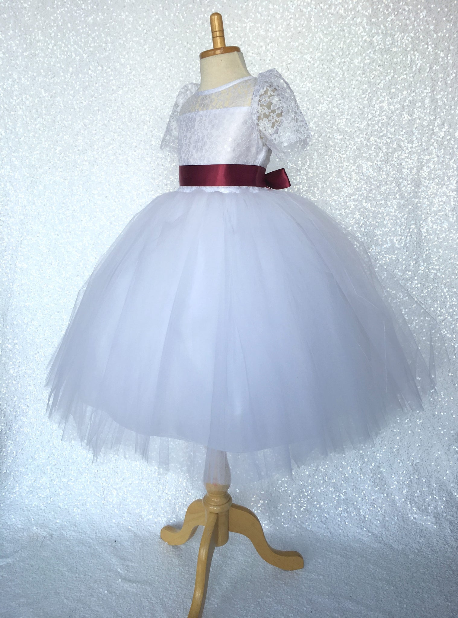 Lace Sleeve White 4 Layer Tulle Princess Dress Burgundy Satin Ribbon