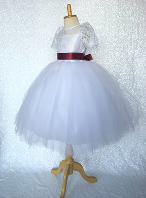 Lace Sleeve White 4 Layer Tulle Princess Dress Burgundy Satin Ribbon