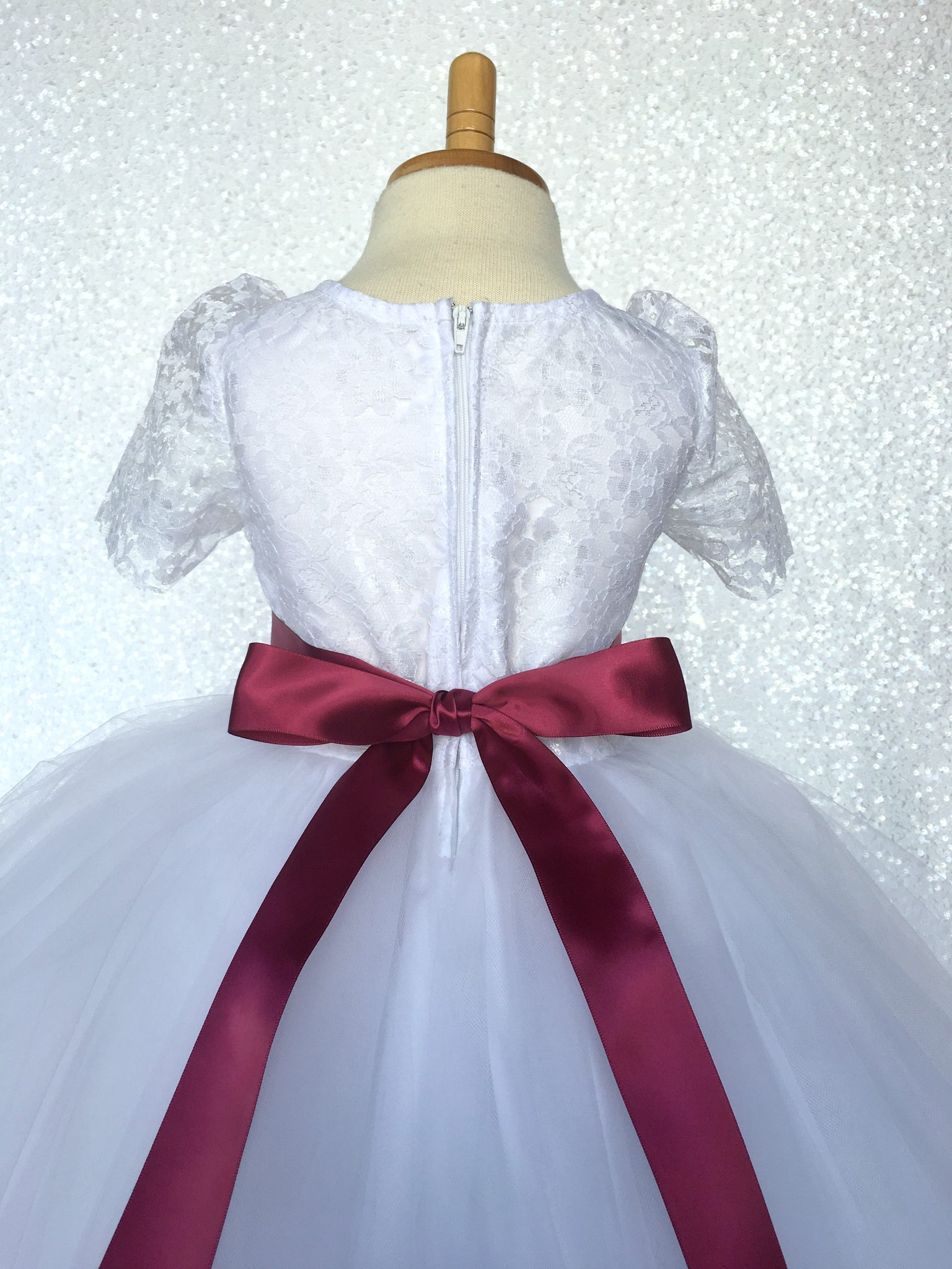 Lace Sleeve White 4 Layer Tulle Princess Dress Fuchsia Satin Ribbon
