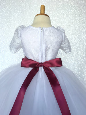 Lace Sleeve White 4 Layer Tulle Princess Dress Fuchsia Satin Ribbon