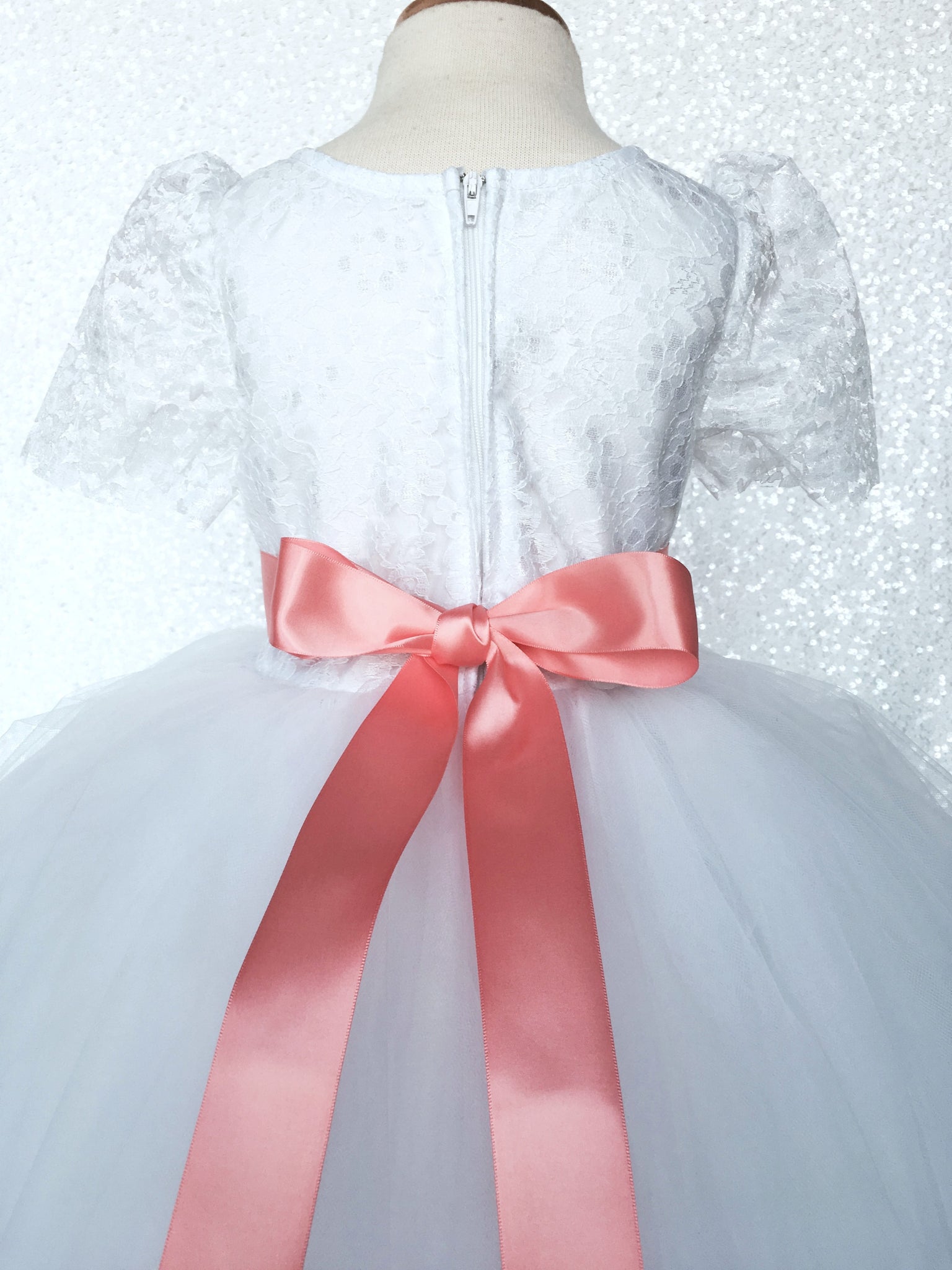 Lace Sleeve White 4 Layer Tulle Princess Dress Burgundy Satin Ribbon