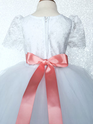 Lace Sleeve White 4 Layer Tulle Princess Dress Burgundy Satin Ribbon