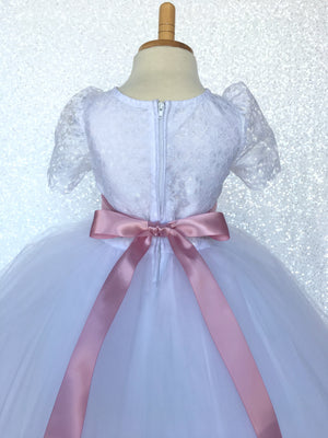 Lace Sleeve White 4 Layer Tulle Princess Dress Burgundy Satin Ribbon