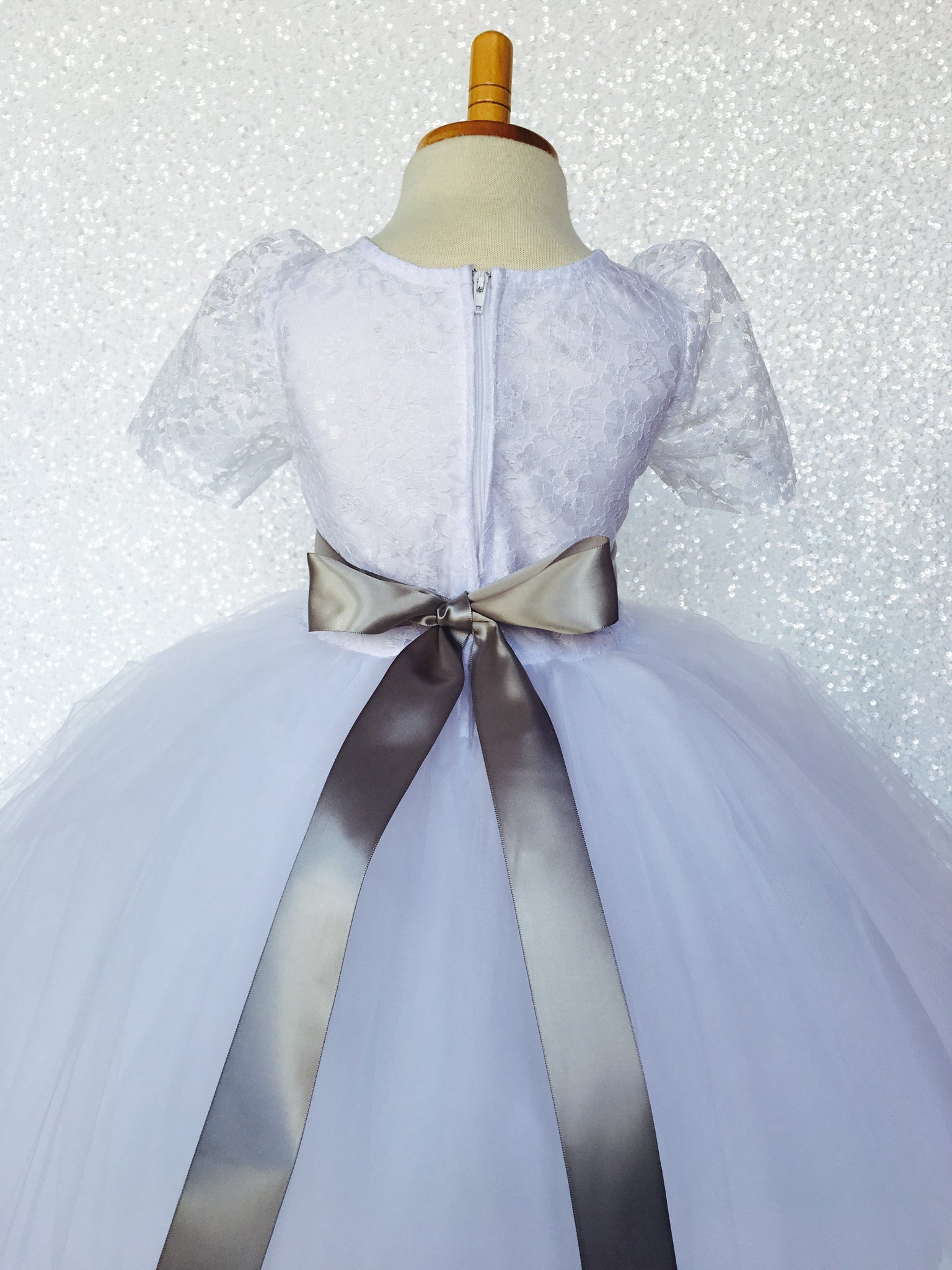 Lace Sleeve White 4 Layer Tulle Princess Dress Navy Satin Ribbon