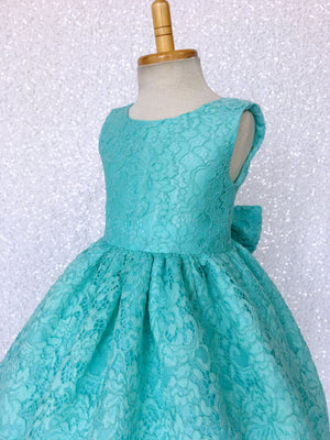 Aqua Blue V-Back Sleeveless French Lace Gown Bow
