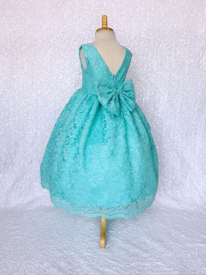 Aqua Blue V-Back Sleeveless French Lace Gown Bow