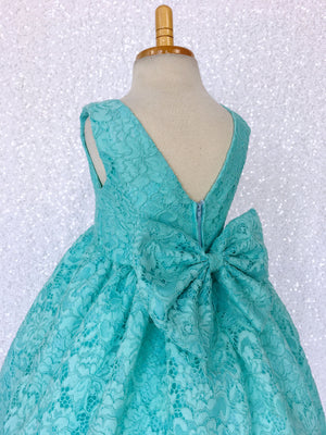 Aqua Blue V-Back Sleeveless French Lace Gown Bow