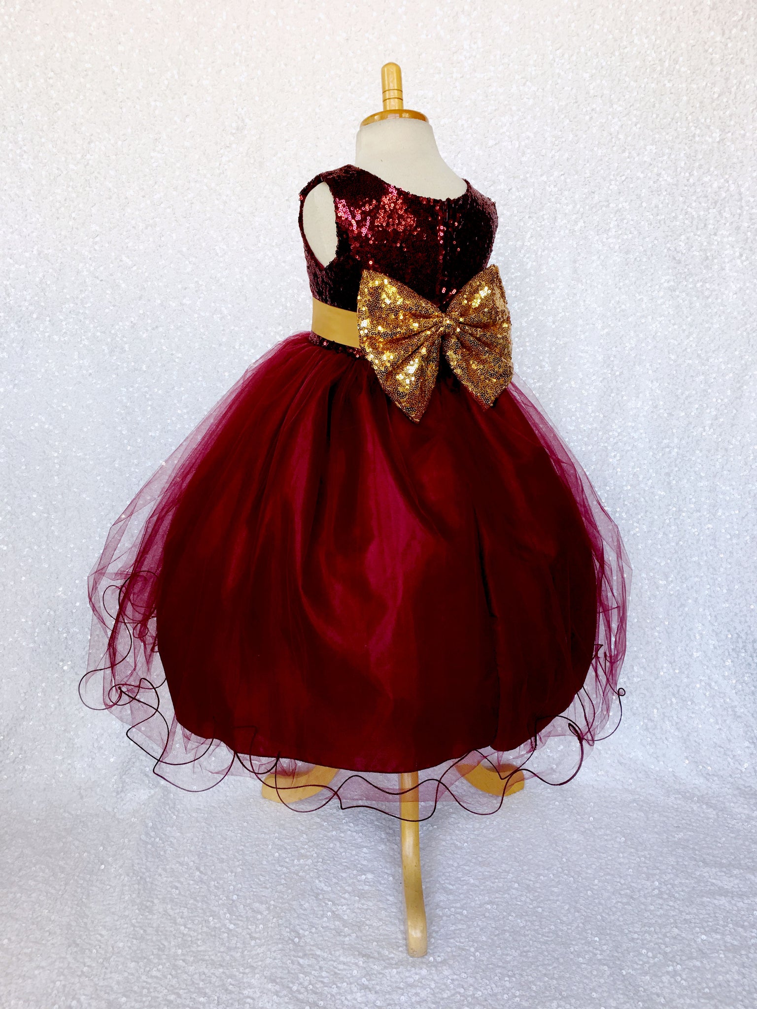 Sleeveless Burgundy Maroon Sequin Fishing Line 2 Layer Gown Gold Bow Ribbon