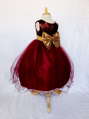 Sleeveless Burgundy Maroon Sequin Fishing Line 2 Layer Gown Gold Bow Ribbon