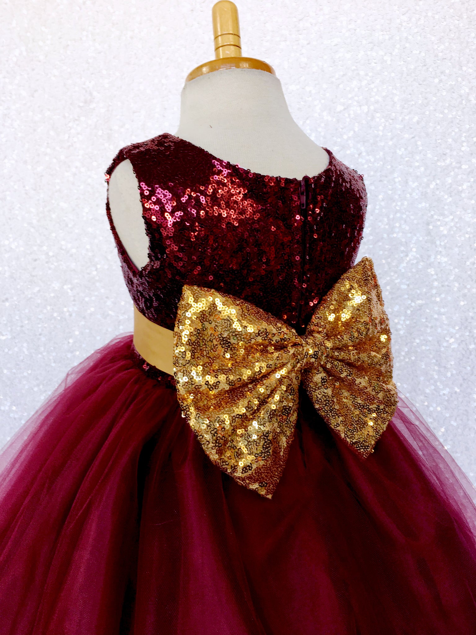 Sleeveless Burgundy Maroon Sequin Fishing Line 2 Layer Gown Gold Bow Ribbon