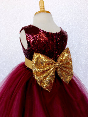 Sleeveless Burgundy Maroon Sequin Fishing Line 2 Layer Gown Gold Bow Ribbon
