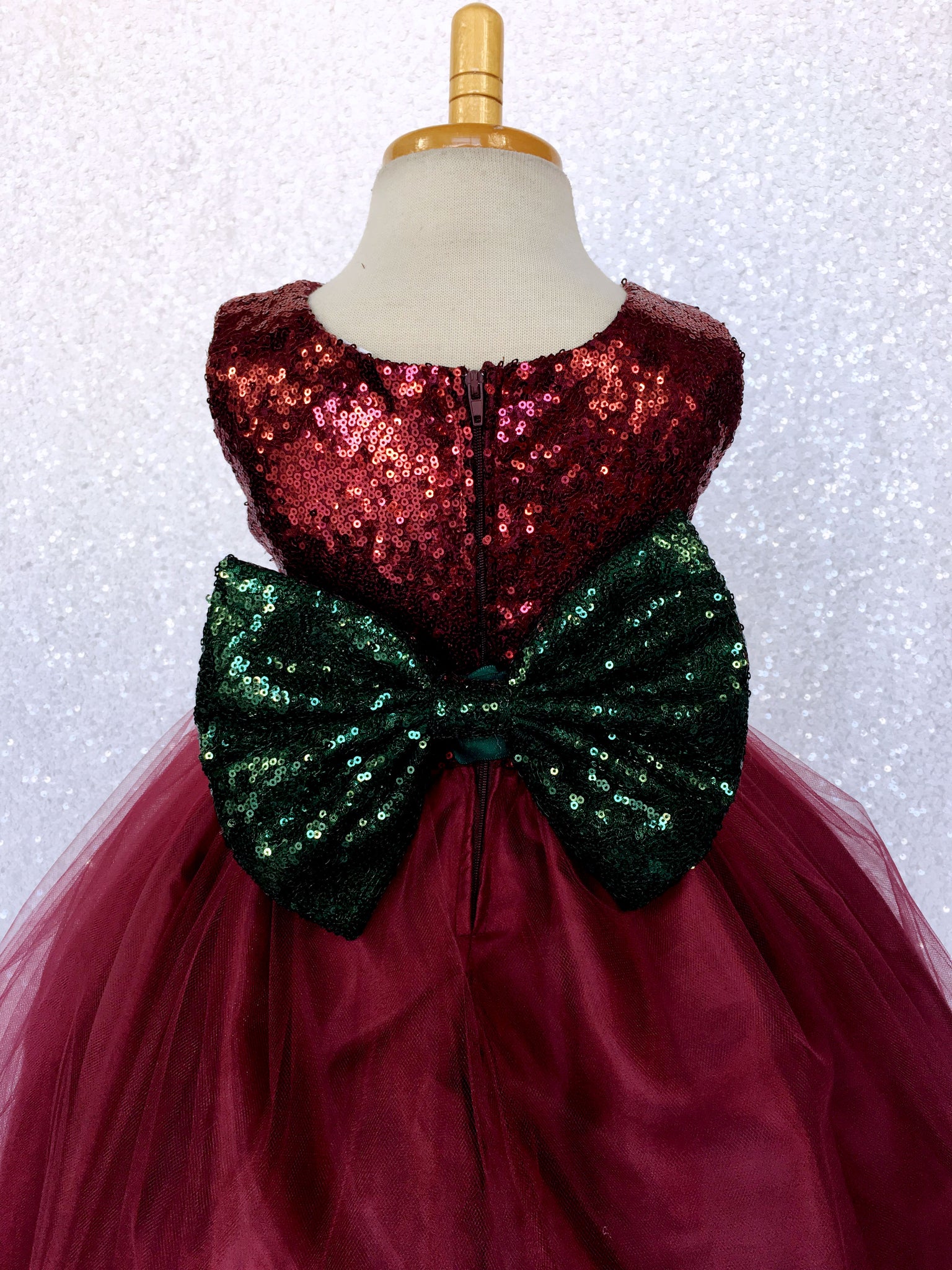 Sleeveless Burgundy Maroon Sequin Fishing Line 2 Layer Gown Gold Bow Ribbon
