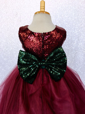 Sleeveless Burgundy Maroon Sequin Fishing Line 2 Layer Gown Gold Bow Ribbon