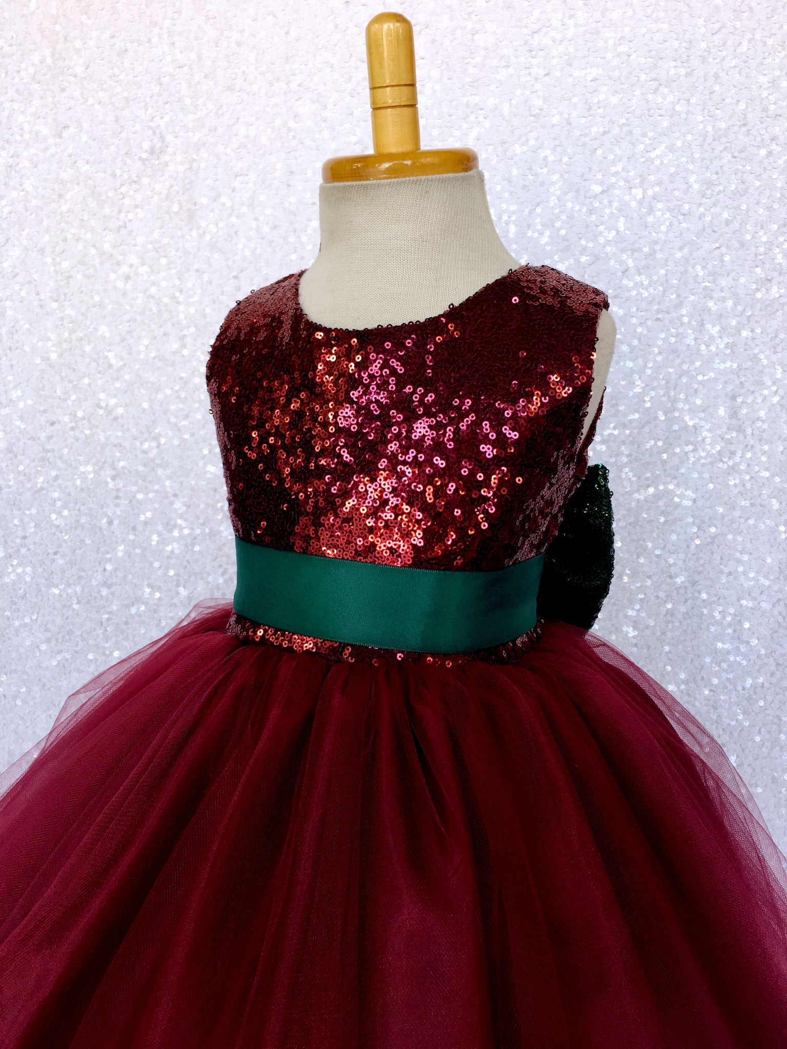 Maroon Burgundy 2 Layer Tulle Sequence Dress Hunter Green Sequin Bow