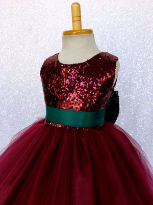 Maroon Burgundy 2 Layer Tulle Sequence Dress Hunter Green Sequin Bow