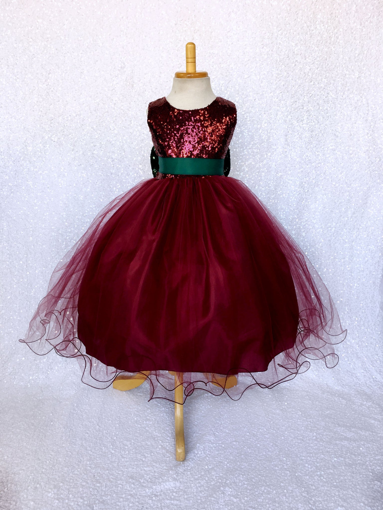 Maroon Burgundy 2 Layer Tulle Sequence Dress Hunter Green Sequin Bow