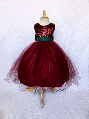 Maroon Burgundy 2 Layer Tulle Sequence Dress Hunter Green Sequin Bow