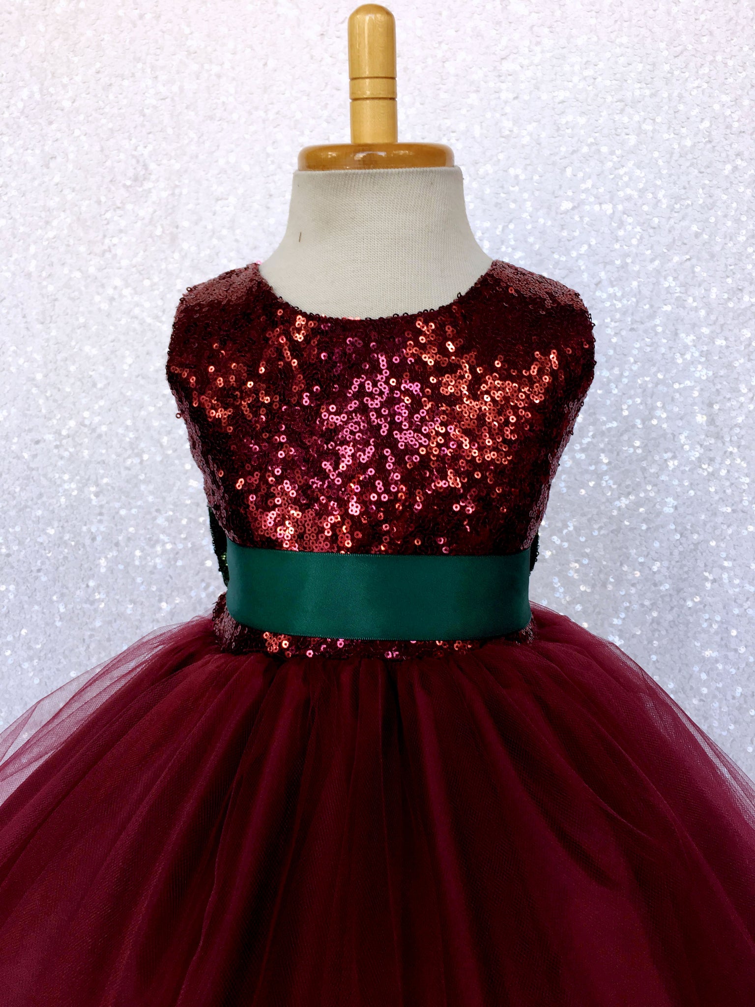 Maroon Burgundy 2 Layer Tulle Sequence Dress Hunter Green Sequin Bow