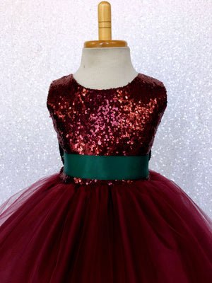 Maroon Burgundy 2 Layer Tulle Sequence Dress Hunter Green Sequin Bow