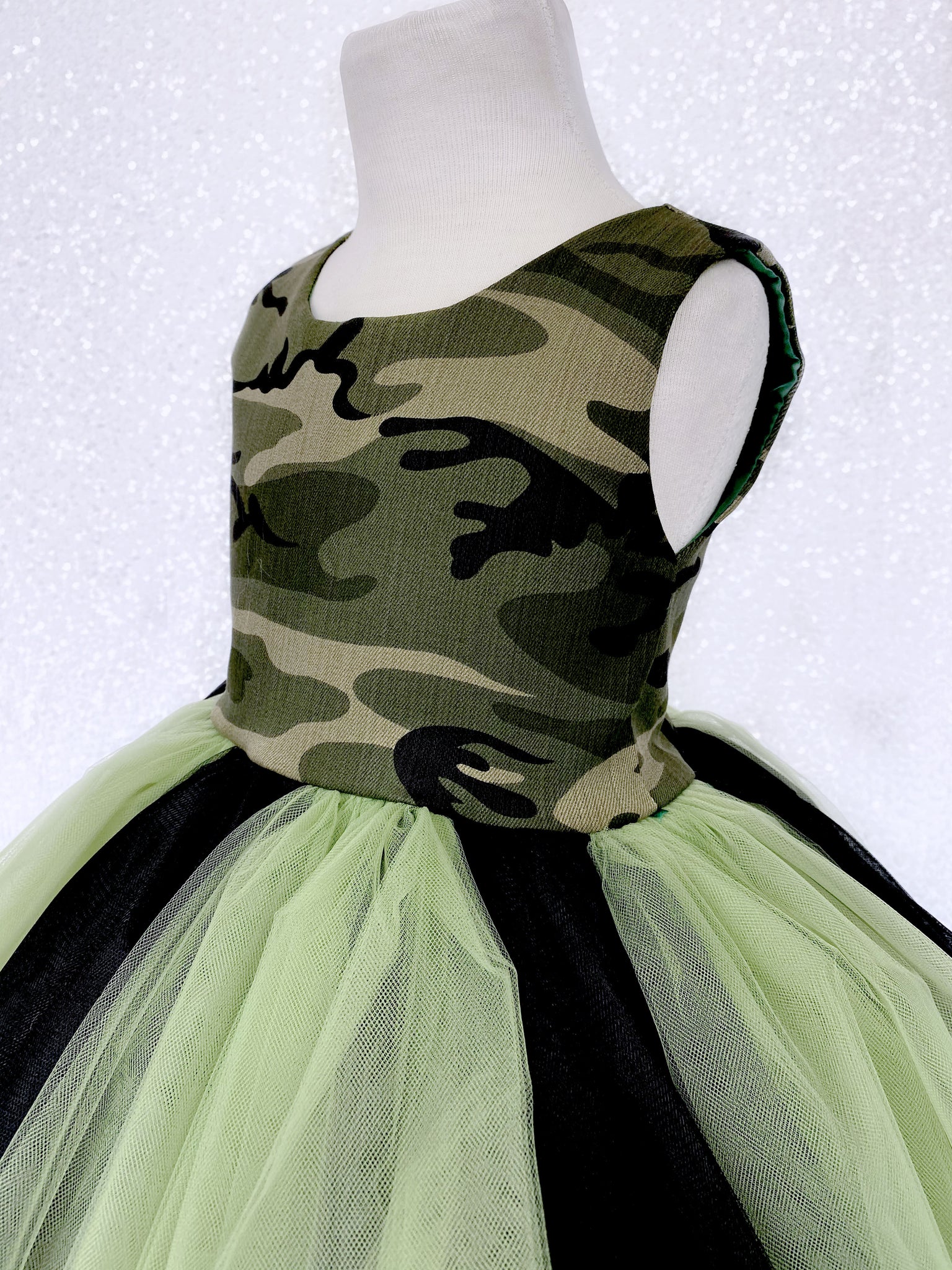 V-Back Green Black Tulle Camo Cotton Sleeveless Gown