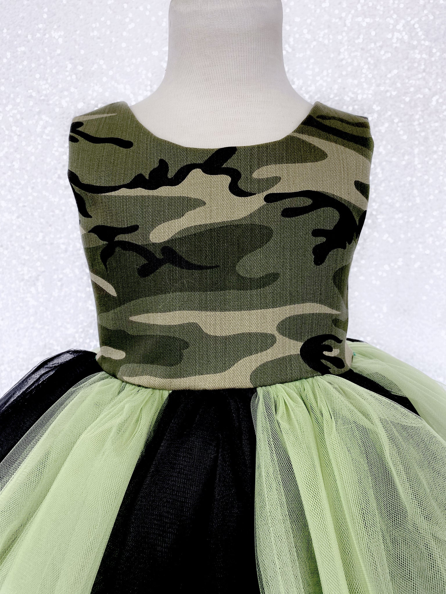 V-Back Green Black Tulle Camo Cotton Sleeveless Gown