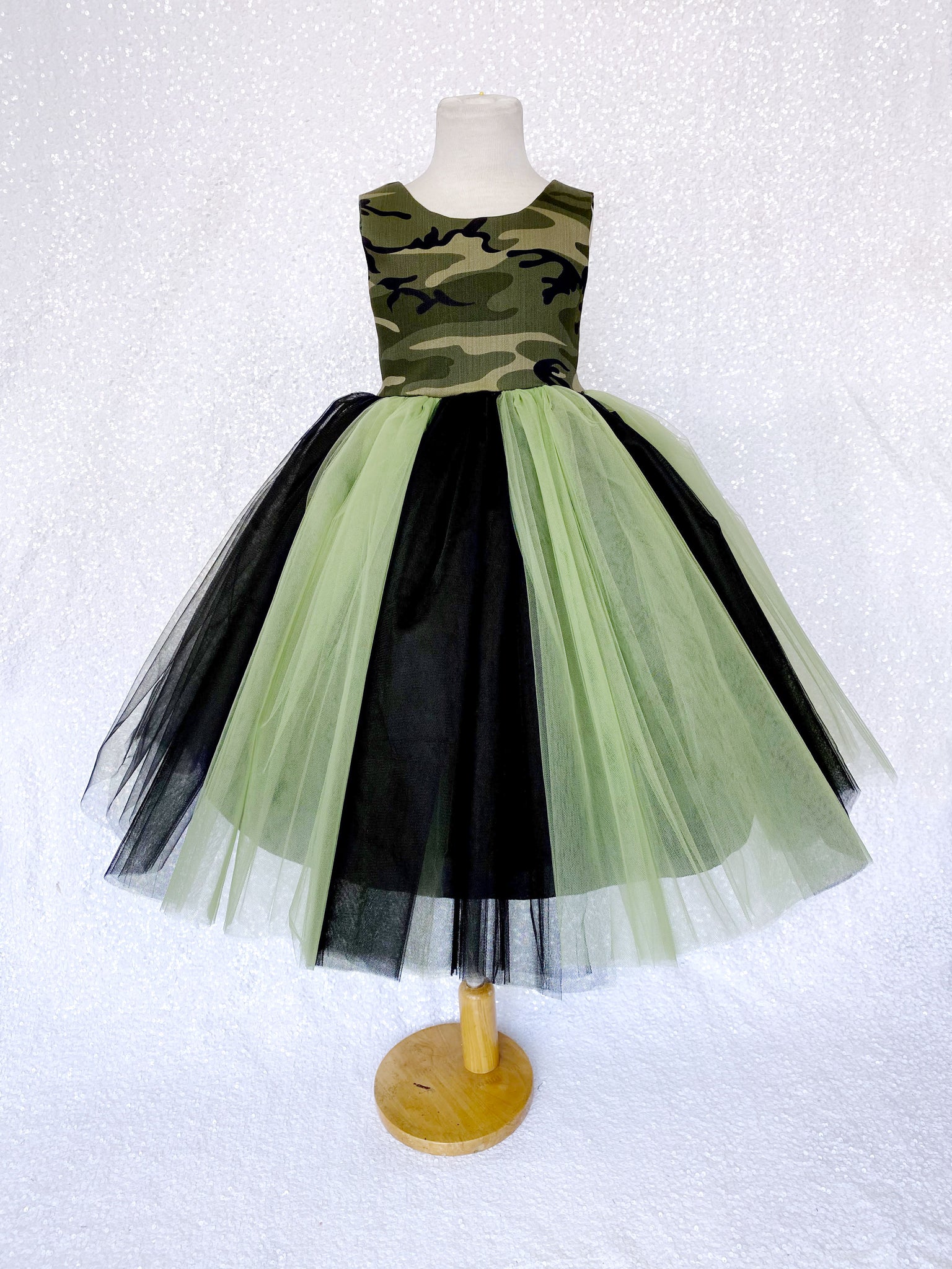 V-Back Green Black Tulle Camo Cotton Sleeveless Gown