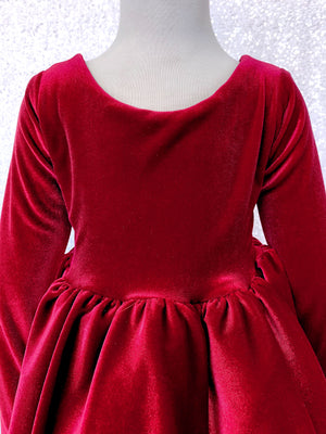 Ankle Length V-Back Long Sleeve Velvet Red Dress