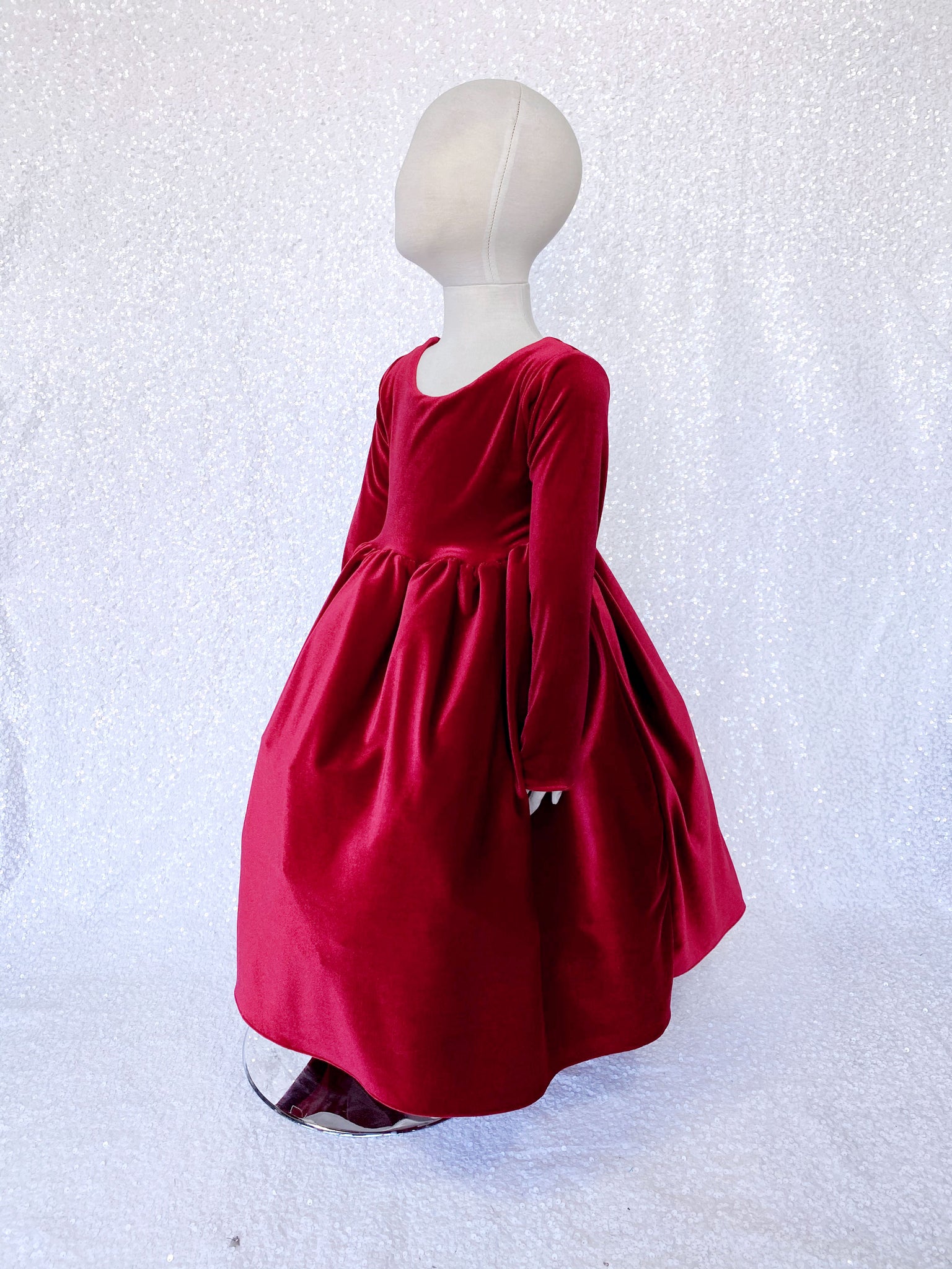 Ankle Length V-Back Long Sleeve Velvet Red Dress