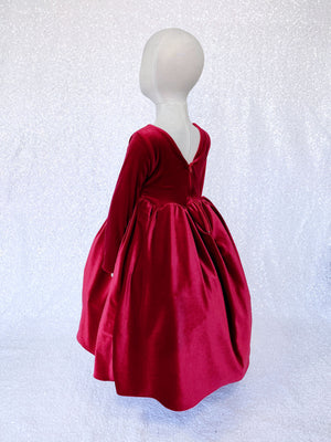Ankle Length V-Back Long Sleeve Velvet Red Dress