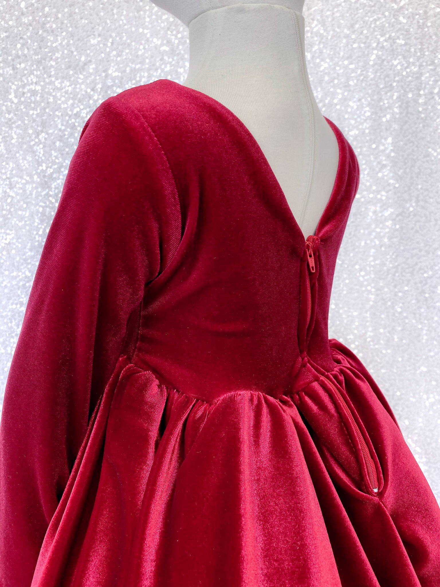 Ankle Length V-Back Long Sleeve Velvet Red Dress