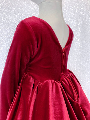 Ankle Length V-Back Long Sleeve Velvet Red Dress