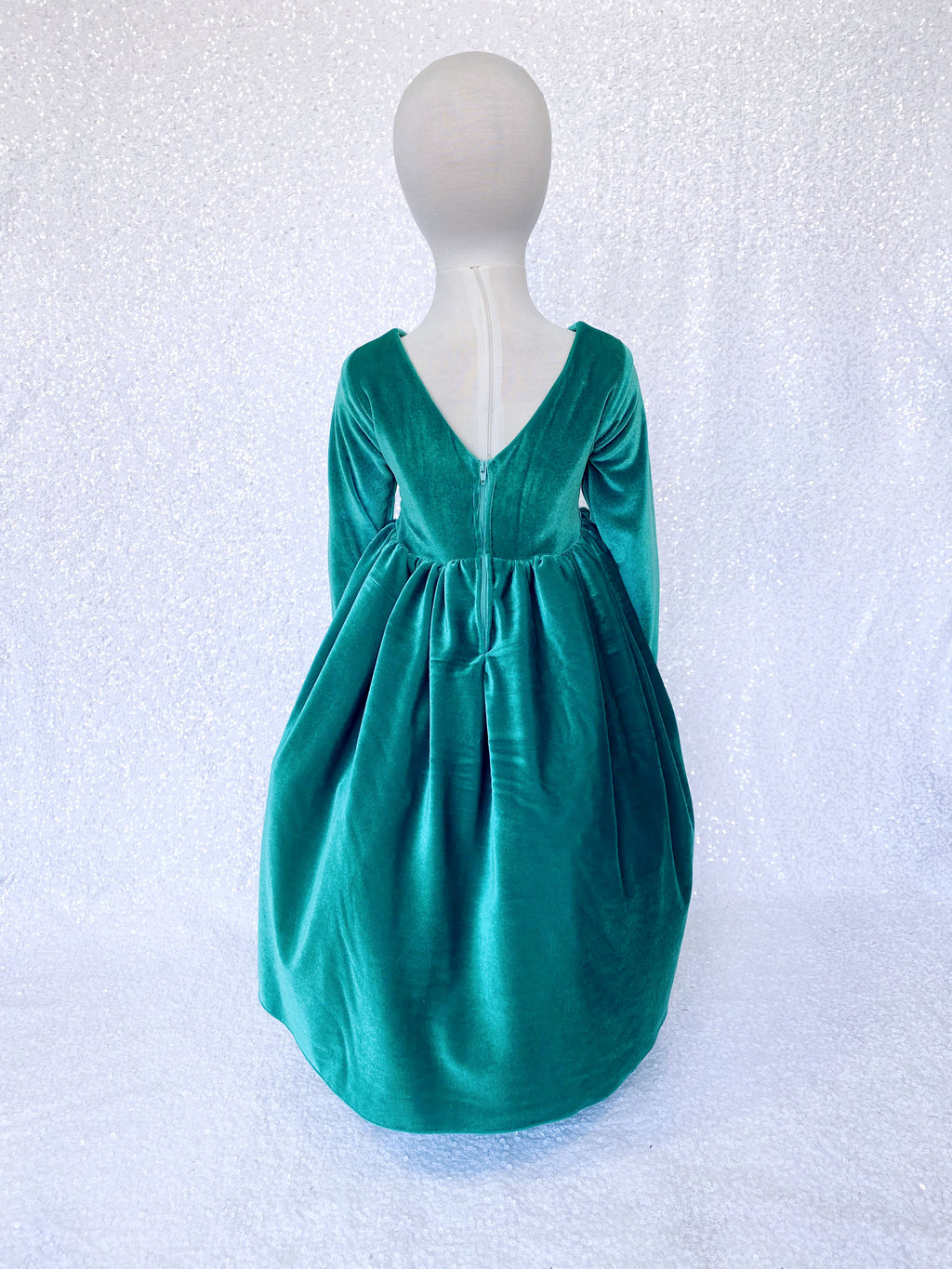 Velvet Ankle Length Long Sleeve Teal V-Back Gown