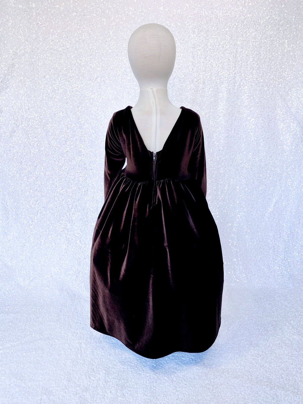 Brown Long Sleeve V-Back Stretchy Velvet Gown