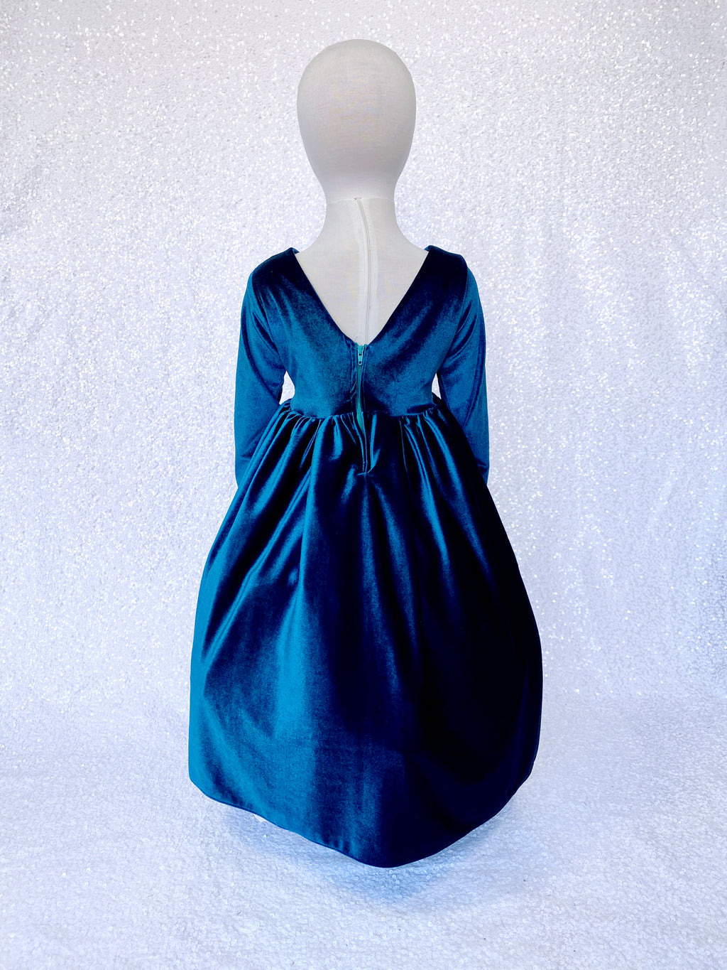 Velvet V-Back Long Sleeve Blue Peacock Gown
