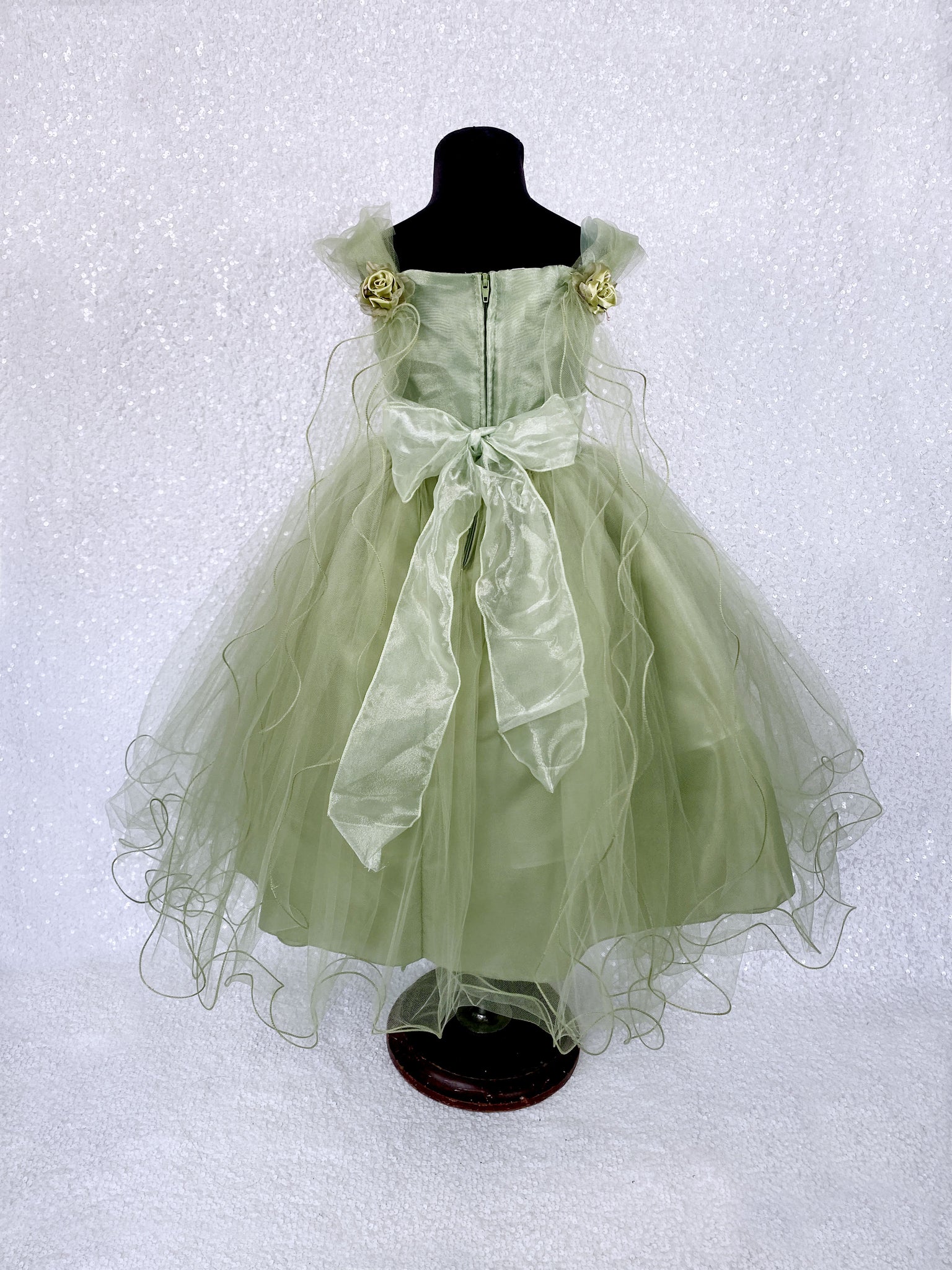 Sage Tulle 2 Layer FL Floral Wing Application Dress