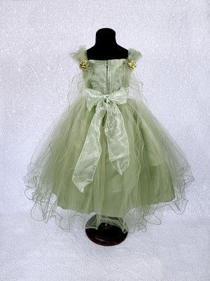 Sage Tulle 2 Layer FL Floral Wing Application Dress