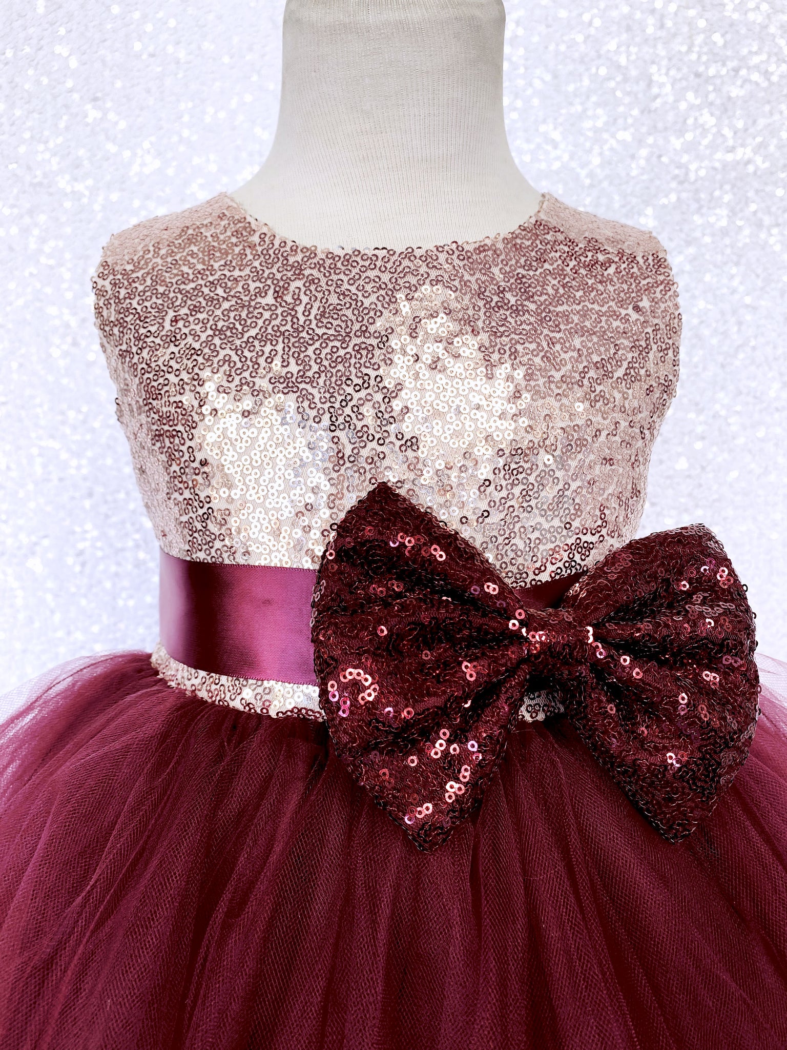 Burgundy Tulle 2 Layer Sleeveless Rose Gold Mini Sequin Bow Dress