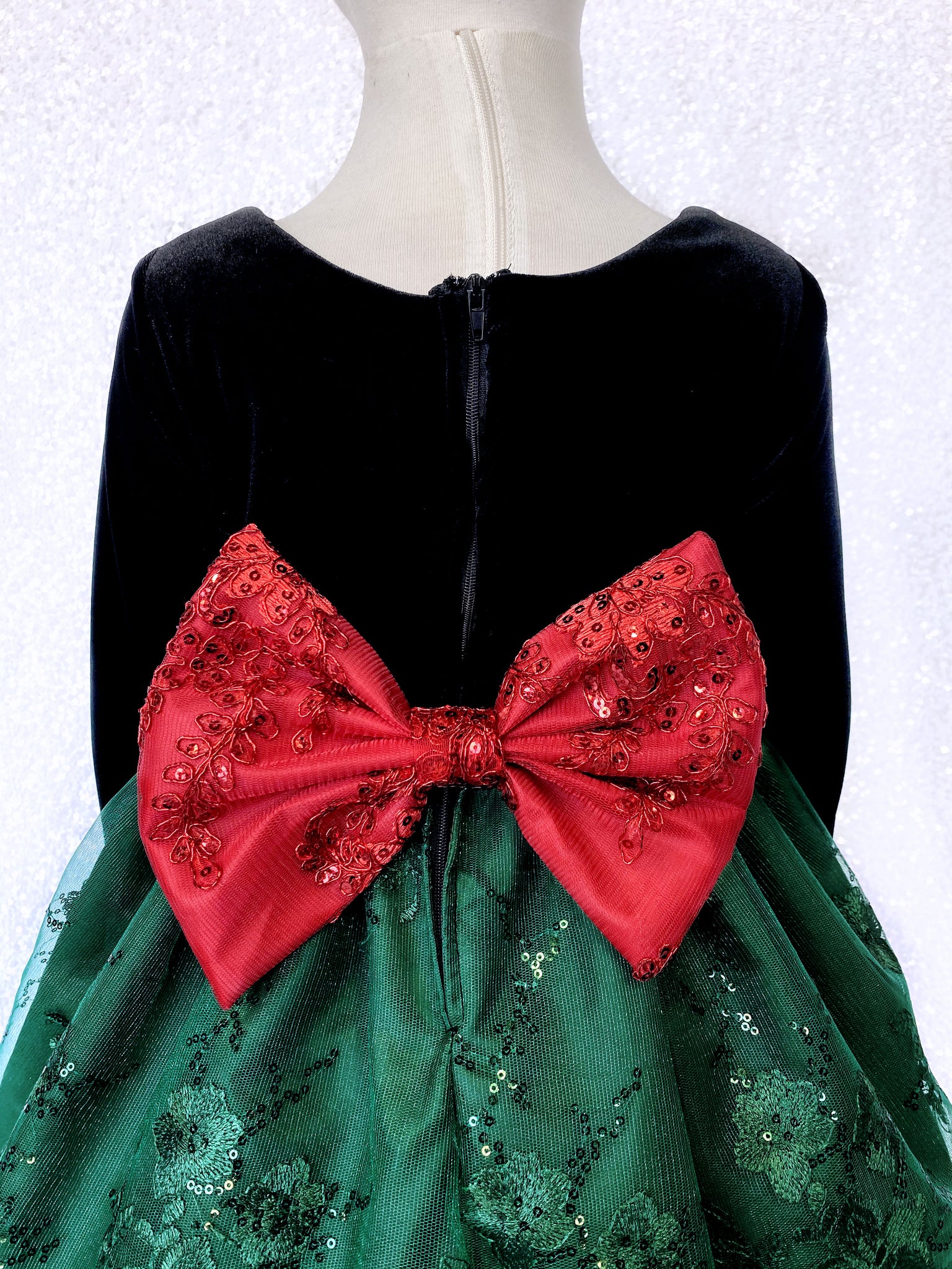 Long Sleeve Black Velvet Hunter Green Embroidery Gold Bow Dress