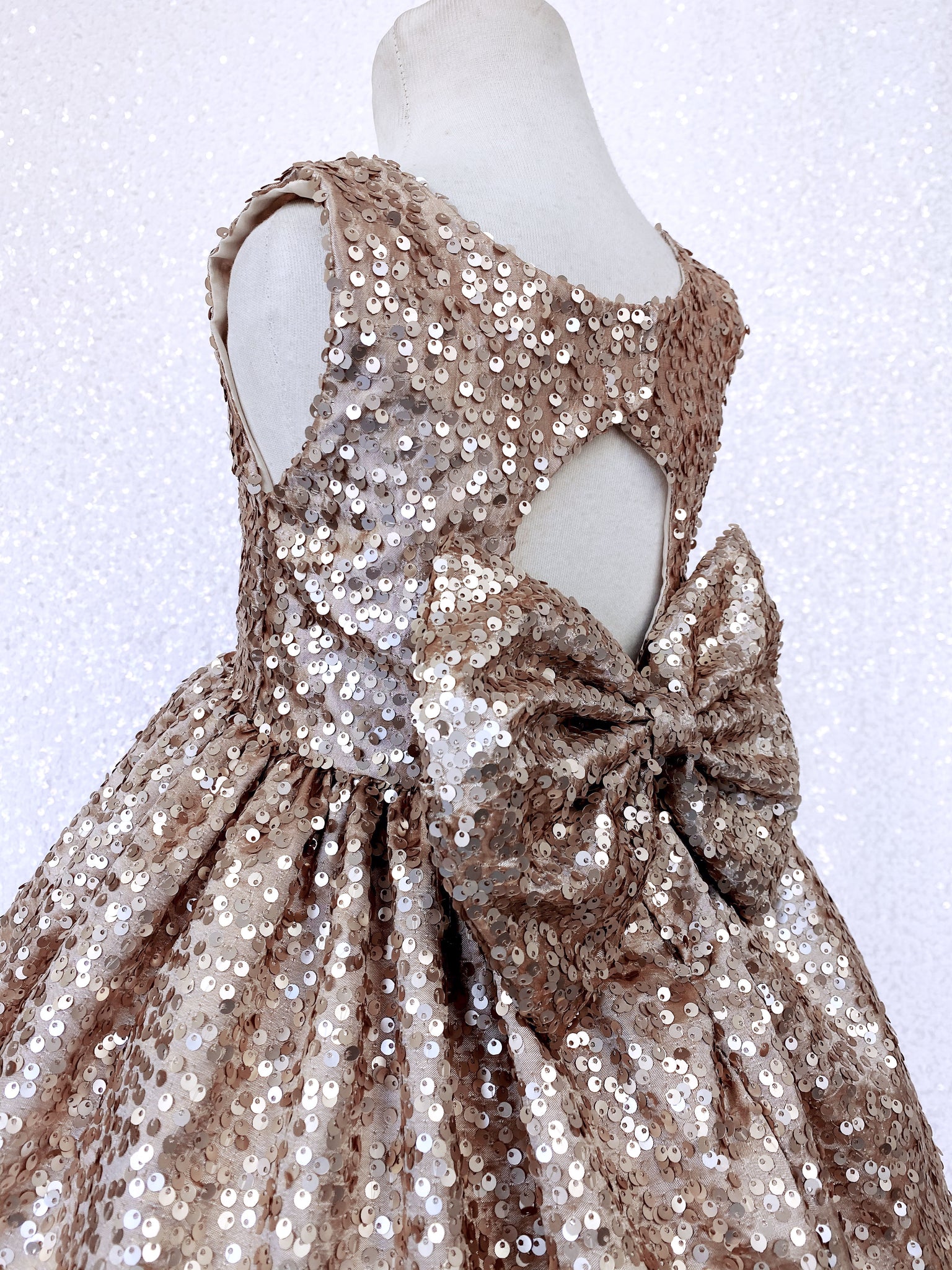 Open Back Keyhole Champagne Full Sequence Bow Dress