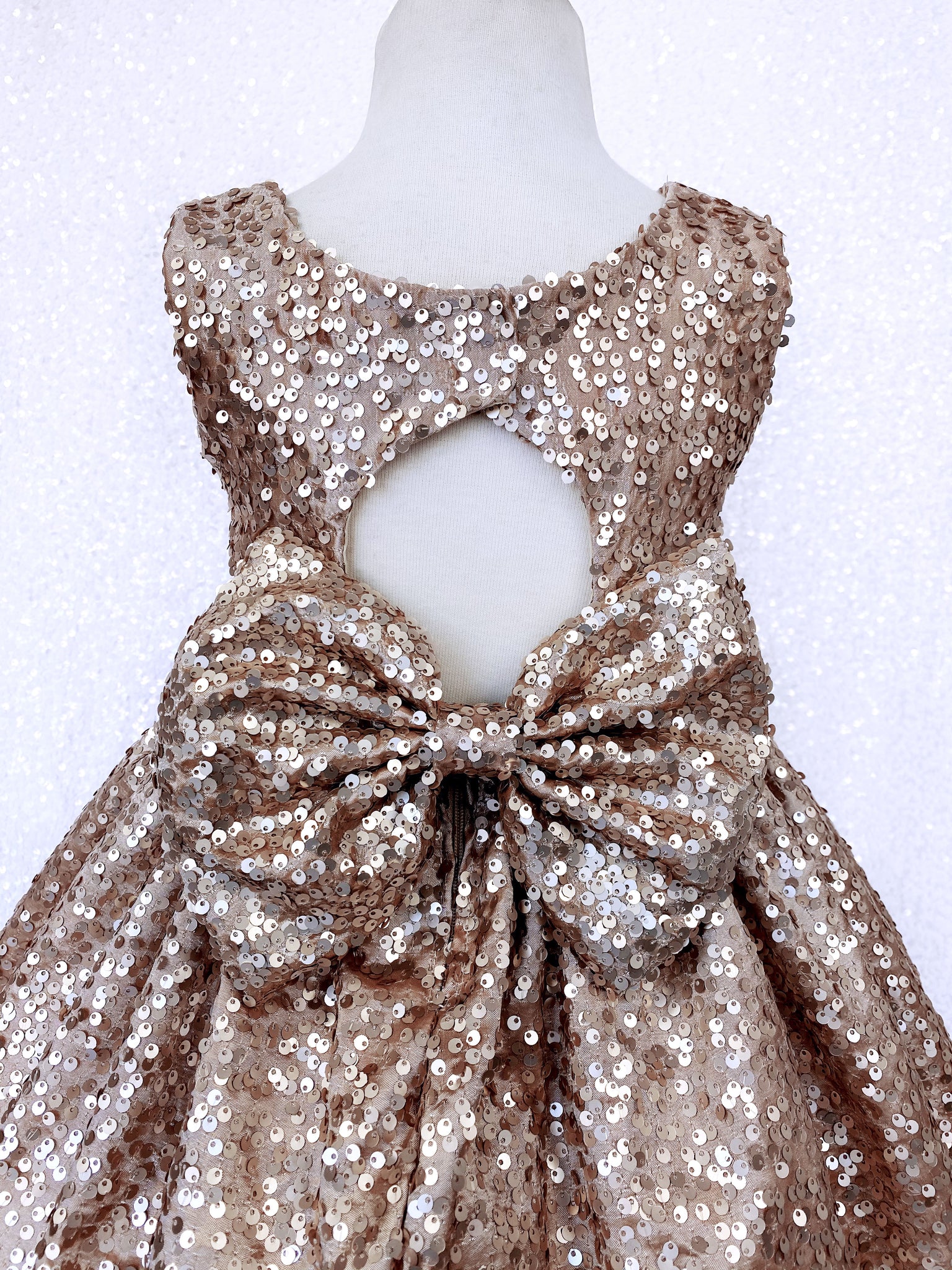 Open Back Keyhole Champagne Full Sequence Bow Dress