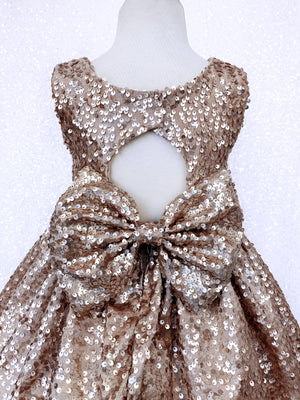 Open Back Keyhole Champagne Full Sequence Bow Dress