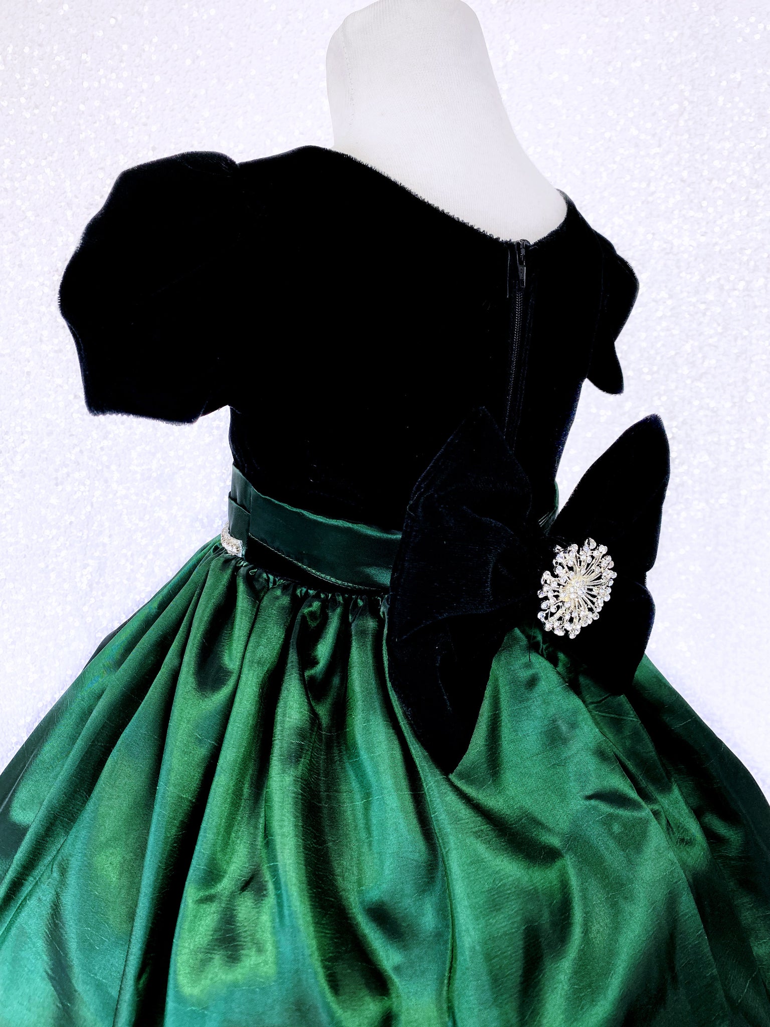 Hunter Green Taffeta Velvet Black Short Sleeve Gown