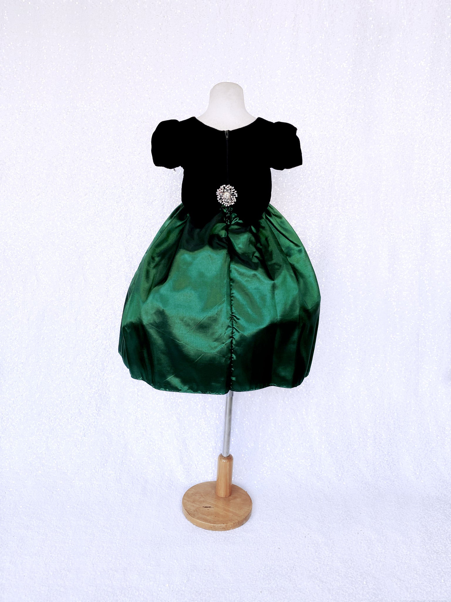 Hunter Green Taffeta Velvet Black Short Sleeve Gown
