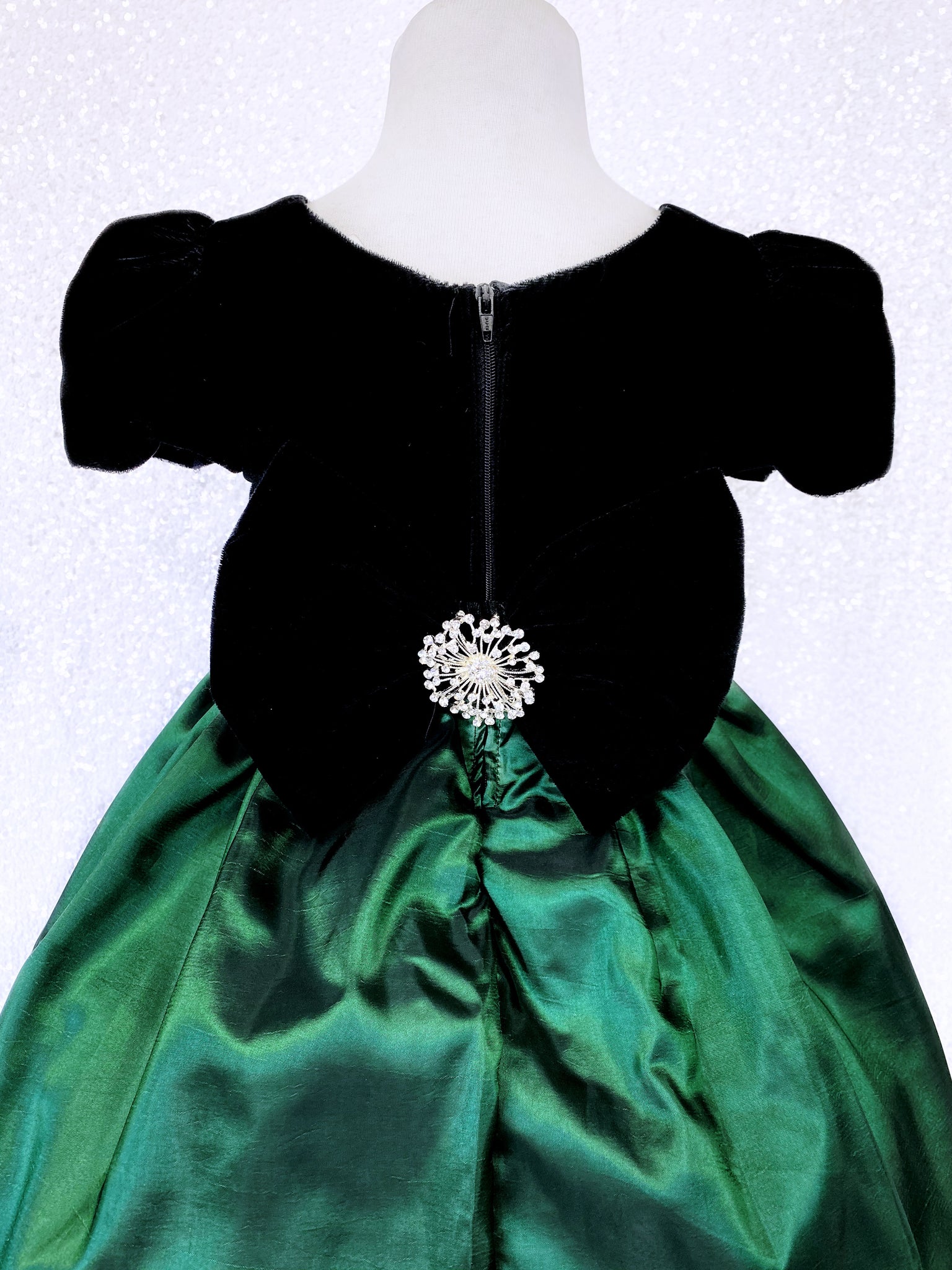 Hunter Green Taffeta Velvet Black Short Sleeve Gown