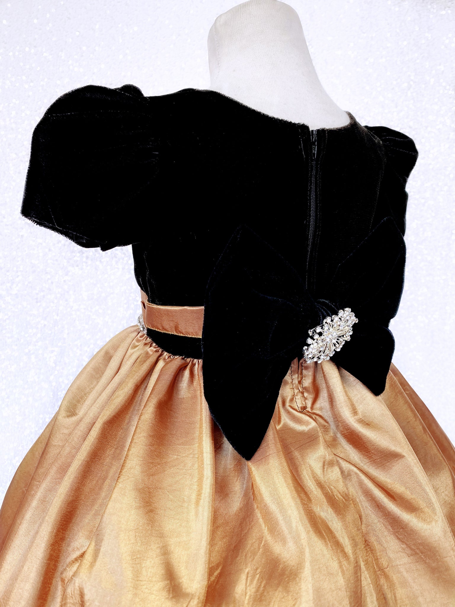 Gold Taffeta Velvet Black Short Sleeve Dress