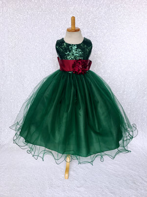Hunter Green Sequence 2 Layer Tulle Dress Olive Satin Sash Velvet Flower